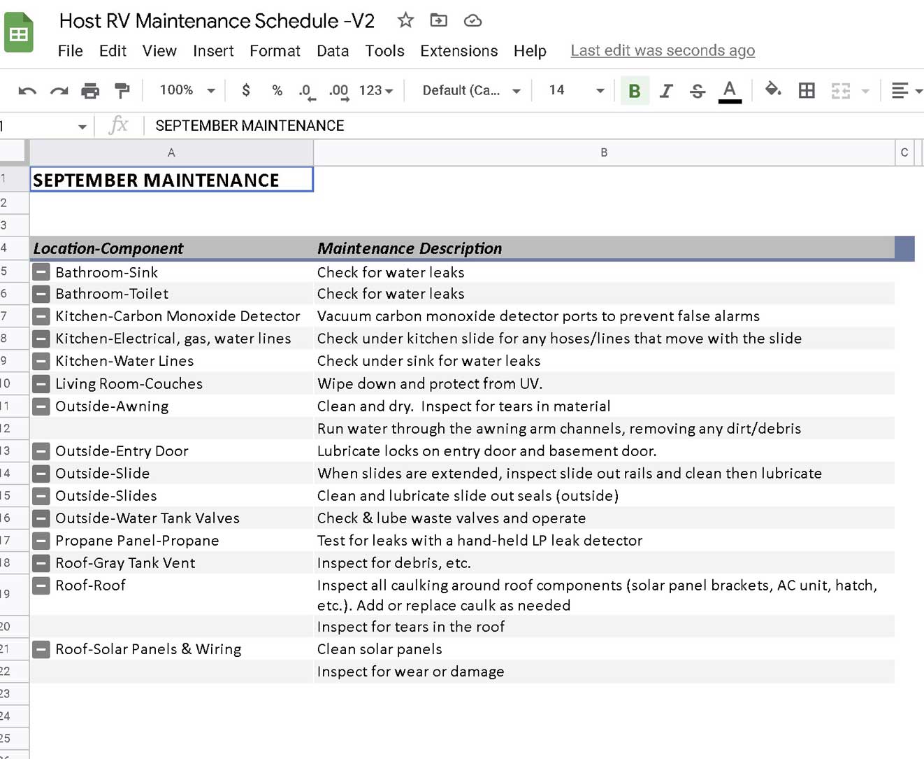 Truck Camper Maintenance Checklist in a Spreadsheet!